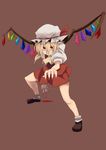  ankle_socks arm_behind_back bangs black_footwear blonde_hair blood claws closed_mouth cravat crystal fighting_stance fingernails flandre_scarlet frilled_hat frills grey_background hair_between_eyes hat hat_ribbon legs_apart light_smile loafers long_fingernails long_hair looking_at_viewer mieharu miniskirt mob_cap nail_polish outstretched_arm puffy_short_sleeves puffy_sleeves red_eyes red_nails red_ribbon red_skirt red_vest ribbon shirt shoes short_hair short_sleeves simple_background skirt smile socks solo touhou vest white_hat white_shirt wings 