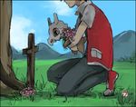  artist_request carrying cross cubone flower gen_1_pokemon grave kneeling lowres male_focus non-web_source pokemon pokemon_(creature) pokemon_(game) red_(pokemon) red_(pokemon_rgby) source_request 