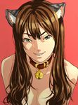  animal_ears bell bell_collar breasts brown_eyes brown_hair cat_ears cleavage close-up collar copyright_request grin hair_over_breasts jingle_bell long_hair medium_breasts nude simple_background smile solo wankoro_mochi 