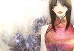  bare_shoulders black_hair china_dress chinese_clothes closed_eyes dress flower lips lipstick long_hair maggi makeup original peony_(flower) plum_blossoms solo tears 