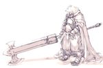  cape furry highres hitomaru monochrome monster no_humans original pink sketch solo weapon 