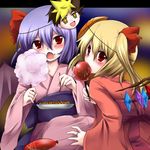  2girls alternate_costume bad_id bad_pixiv_id bat_wings blonde_hair blue_hair candy_apple character_mask cotton_candy flandre_scarlet food japanese_clothes kimono marimo_danshaku mask mask_on_head multiple_girls one_side_up ponytail red_eyes remilia_scarlet short_hair siblings sisters takoyaki touhou water_balloon water_yoyo wings 