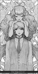  1girl bangs bare_shoulders blunt_bangs buttons closed_eyes closed_mouth copyright_request flower greyscale hands_on_another's_head long_hair long_sleeves looking_at_viewer maggi monochrome necktie rose shirt swept_bangs thorns upper_body vest watermark wavy_hair web_address 