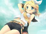  :q belt blonde_hair blue_eyes blush from_below hair_ornament hair_ribbon hairclip hand_behind_head headphones kagamine_rin licking_lips midriff navel ribbon sailor_collar short_hair short_shorts shorts solo stomach suimya tongue tongue_out vocaloid 