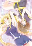  blonde_hair blush brown_hair fate_testarossa hair_ribbon hiyori long_hair lyrical_nanoha mahou_shoujo_lyrical_nanoha_strikers multiple_girls navel red_eyes ribbon short_hair smile twintails yagami_hayate 