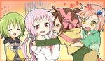  angry bad_id bad_pixiv_id blush brown_hair green_hair hug kiss kl-chan maruki_(punchiki) mono_(character) multiple_girls original pink_hair punchiki_(character) sleeves_pushed_up sweatdrop tooi-chan 