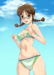  akizuki_ritsuko antenna_hair bare_shoulders bikini braid breasts brown_eyes brown_hair cleavage cloud day glasses idolmaster idolmaster_(classic) medium_breasts muhi11234 short_hair sky solo swimsuit twin_braids 