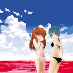  adjusting_clothes adjusting_swimsuit ass ayanami_rei bikini blue_eyes blue_hair brown_hair cloud day etohito flat_ass lcl long_hair multiple_girls neon_genesis_evangelion red_eyes short_hair souryuu_asuka_langley swimsuit 