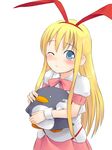  amae_koromo blonde_hair blue_eyes child etopen long_hair one_eye_closed pizanuko saki solo stuffed_animal stuffed_penguin stuffed_toy 