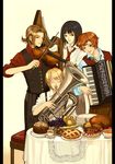  accordion copyright_request cup everyone food instrument maggi multiple_boys necktie pie table tuba violin 