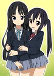  akiyama_mio black_hair blue_eyes blush brown_hair homing_(areya) hug k-on! long_hair multiple_girls nakano_azusa neck_ribbon orange_eyes red_ribbon ribbon school_uniform skirt smile twintails 