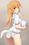  2014_fifa_world_cup america ass ball blue_eyes charlotte_e_yeager glastonbury1966 long_hair looking_at_viewer no_pants orange_hair panties smile soccer soccer_ball soccer_uniform solo sportswear strike_witches sweat tail underwear white_panties world_cup world_witches_series 