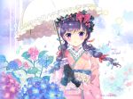  blue_hair bow braids flowers gloves hat japanese_clothes original purple_eyes ribbons takeda_mika twintails umbrella watermark 