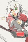  black_gloves blazblue breasts cleavage elbow_gloves genderswap genderswap_(mtf) gloves green_eyes heterochromia long_hair medium_breasts open_mouth ponytail ragna_the_bloodedge red_eyes silver_hair solo sword tekkei_(teckei) weapon 