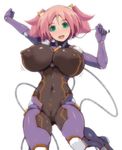  1girl areolae blush bodysuit breasts fat_mons female green_eyes huge_breasts katsuki_yousuke midriff navel nipples open_mouth pink_hair puffy_nipples pussy see-through shiny simple_background smile thighs white_background 