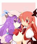 ahoge bat_wings blush bow breast_press breasts hair_bow hat heart_ahoge highres jitome koakuma long_hair multiple_girls necktie one_eye_closed patchouli_knowledge pointy_ears red_eyes red_hair red_neckwear shirogane_(platinum) touhou wings 