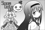  :d akemi_homura black_hair bow greyscale hairband long_hair looking_at_another mahou_shoujo_madoka_magica mahou_shoujo_madoka_magica_movie momoe_nagisa monochrome multiple_girls nibi open_mouth polka_dot polka_dot_background school_uniform simple_background smile spoilers two_side_up 