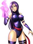  1girl bhm breasts elbow_gloves erect_nipples female fingerless_gloves gloves large_breasts leotard lips long_hair marvel psylocke purple_eyes purple_hair sash simple_background skin_tight solo thigh_strap x-men 