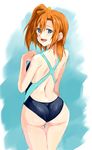  :d ass back_cutout bangs blue_eyes bow competition_swimsuit from_behind ganzyu_i hair_between_eyes hair_bow kousaka_honoka looking_at_viewer looking_back love_live! love_live!_school_idol_project one-piece_swimsuit one_side_up open_mouth orange_hair short_hair smile swimsuit thigh_gap yellow_bow 