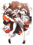  ass breasts cleavage collarbone colored_eyelashes covered_mouth dress hair_over_one_eye hangleing high_heels horns kantai_collection large_breasts long_hair long_sleeves looking_back midway_hime no_panties orange_eyes pale_skin shinkaisei-kan solo teeth turret veins very_long_hair white_dress white_hair white_skin 