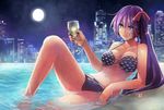  alcohol arm_support bare_shoulders beach bikini bow breasts champagne champagne_flute city collarbone cup drinking_glass eudetenis full_moon glass hair_bow holding knee_up light_smile long_hair looking_away medium_breasts moon navel night night_sky original outdoors partially_submerged pool purple_hair reclining red_eyes rooftop side_ponytail signature sky skyline solo swimsuit water wet wet_hair 