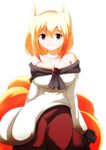  alternate_costume animal_ears arm_support blonde_hair breasts brooch brown_eyes cosplay fox_ears fox_tail imaizumi_kagerou imaizumi_kagerou_(cosplay) jewelry large_breasts long_sleeves looking_at_viewer merry_(diameri) multiple_tails off_shoulder red_skirt short_hair sitting skirt skirt_set smile solo tail touhou wide_sleeves yakumo_ran 