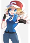  1girl :d baseball_cap black_gloves blue_background blue_eyes blue_pants brown_hair collarbone cosplay cowboy_shot creatures_(company) fingerless_gloves floating_hair game_freak gloves hat highres holding holding_poke_ball looking_at_viewer nintendo open_mouth outstretched_arm pants poke_ball pokemon pokemon_(anime) pokemon_xy_(anime) red_hat satoshi_(pokemon) satoshi_(pokemon)_(cosplay) serena_(pokemon) short_hair short_sleeves simple_background smile solo standing white_background yuihiko 