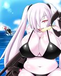  belly bikini biting biting_clothes breasts cleavage fangs food hair_over_one_eye highres huge_breasts i-168_(kantai_collection) kantai_collection long_hair multiple_girls nega96396 ocean open_mouth pale_skin plump ponytail popsicle re-class_battleship red_eyes red_hair school_swimsuit sexually_suggestive shinkaisei-kan smile southern_ocean_oni sweat swimsuit twintails water white_hair 