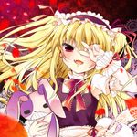  :d blonde_hair blurry boku_wa_tomodachi_ga_sukunai covering_eyes depth_of_field fang hairband hasegawa_kobato holding lolita_fashion lolita_hairband long_hair looking_at_viewer natsuki_yuu_(amemizu) open_mouth petals pose red_eyes smile solo stuffed_animal stuffed_bunny stuffed_toy v v-shaped_eyebrows wind wrist_cuffs 