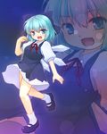  :d bad_id bad_pixiv_id blue_dress blue_eyes blue_hair bow cirno dress full_body hair_bow ice ice_wings large_bow mary_janes open_mouth shoes short_hair smile solo standing standing_on_one_leg touhou wings yayoi_(pipi) zoom_layer 