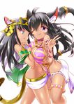  ahoge animal_ears asymmetrical_docking bastet_(monster_strike) bastet_(p&amp;d) black_hair bra-cky breast_press breasts cat_ears cat_tail crossover dark_skin egyptian green_eyes headdress jewelry long_hair monster_strike multiple_girls namesake navel purple_eyes puzzle_&amp;_dragons tail 