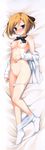  :o absurdres bed_sheet bird_hair_ornament blush bottomless breasts brown_hair dakimakura dress_shirt full-face_blush full_body hair_ornament hair_ribbon hairclip highres ikegami_akane imouto_no_okage_de_mote_sugite_yabai legs medium_breasts mizunashi_miya nipples no_shoes off_shoulder panties panty_pull pantyhose pantyhose_pull ribbon shirt solo underwear white_legwear white_panties 