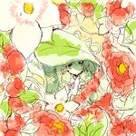  alraune_(p&amp;d) blush flower green_hair hair_ribbon hand_on_own_chest highres leaf long_hair pikomarie plant plant_girl puffy_short_sleeves puffy_sleeves puzzle_&amp;_dragons ribbon short_sleeves solo spot_color white_eyes 