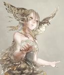  :o animal animal_on_shoulder bad_id bad_pixiv_id bare_shoulders beak bird bird_on_shoulder braid breasts brown_hair bustier collarbone dress feather_hair feathered_wings feathers grey_background hair_between_eyes hawk highres mizutame_tori nail_polish original parted_lips short_hair simple_background small_breasts solo transformation upper_body winged_arms wings yellow_eyes 