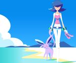  banned_artist beach black_hair bracelet capri_pants closed_eyes cloud day espeon gen_2_pokemon gym_leader holding holding_shoes jewelry lowres midriff mintchoco_(mmn2) natsume_(pokemon) outdoors pants pokemon pokemon_(creature) pokemon_(game) pokemon_hgss shoes shoes_removed short_hair sky tank_top thigh_gap 