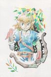  bird blonde_hair blue_eyes bow_(weapon) fingerless_gloves gloves graphite_(medium) link male_focus oda_takashi pointy_ears solo the_legend_of_zelda the_legend_of_zelda:_breath_of_the_wild traditional_media watercolor_(medium) weapon 