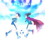  ball brown_hair cape closed_eyes fudou_akio goggles grin hairlocs highres inazuma_eleven inazuma_eleven_(series) inazuma_japan kidou_yuuto male_focus multicolored_hair multiple_boys open_mouth saku_anna smile soccer_ball soccer_uniform sportswear telstar two-tone_hair white_hair 