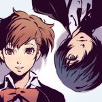  1girl blue_eyes blue_hair bow bowtie brown_eyes brown_hair female_protagonist_(persona_3) hair_ornament hair_over_one_eye hairclip ilya_kuvshinov parted_lips persona persona_3 persona_3_portable rotational_symmetry school_uniform short_hair smile yuuki_makoto 