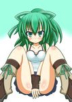  :&lt; ankle_boots bad_id bad_pixiv_id bare_shoulders blush boots breasts brown_footwear camisole cleavage collarbone duel_monster green_eyes green_hair highres long_hair looking_at_viewer medium_breasts panties ponytail ribbon simple_background sitting solo spaghetti_strap striped striped_panties underwear upskirt white_background wynn yuu-gi-ou yuu-gi-ou_duel_monsters 