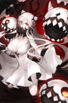  breasts covered_mouth covered_nipples dress ganesagi highres horns kantai_collection kneeling large_breasts long_hair long_sleeves midway_hime pale_skin red_eyes shinkaisei-kan solo turret veins white_dress white_hair 