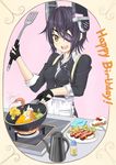  :d absurdres apron black_gloves broccoli brown_eyes cake cardigan cooking dawn_(664387320) egg eyepatch fingerless_gloves flipping_food food frying_pan gloves happy_birthday headgear highres kantai_collection kettle necktie open_mouth purple_hair short_hair shrimp signature sleeves_rolled_up smile solo spatula stove tenryuu_(kantai_collection) vegetable wok 