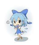  1girl blue_eyes blue_hair bow chibi cirno eating food hair_bow hair_ornament hair_ribbon holding ice ice_wings kutata looking_at_viewer popsicle ribbon short_hair solo spoken_exclamation_mark touhou walking wings 