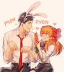  1girl animal_ears bad_id bad_pixiv_id black_eyes black_hair blush bow bunny_ears carrot eating fake_animal_ears gekkan_shoujo_nozaki-kun hair_bow kanapy necktie nozaki_umetarou orange_hair polka_dot polka_dot_bow purple_eyes sakura_chiyo 