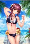  arm_up bangs bare_arms bare_shoulders beach bikini breasts cleavage cloud collarbone cowboy_shot day eyebrows_visible_through_hair flower hair_flower hair_ornament horizon long_hair looking_at_viewer medium_breasts navel o-ring o-ring_top ocean original outdoors plumeria ponytail purple_eyes red_ginger_(flower) see-through sky solo swimsuit thigh_gap twc_(p-towaco) water 