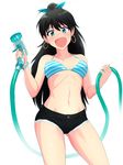  :d bare_shoulders bikini_top black_hair blue_eyes blush breasts denim denim_shorts earrings fang ganaha_hibiki highres hoop_earrings hose idolmaster idolmaster_(classic) jewelry long_hair medium_breasts midriff navel open_mouth shorts smile solo stomach striped_bikini_top tsurui wide_ponytail 