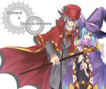  1boy 1girl bell blue_hair cape character_name cloak coat dorocche drawcia formal gradient_hair gray_hair grey_hair hat kirby_(series) kirby_canvas_curse kirby_squeak_squad long_hair looking_at_viewer multicolored_hair nintendo paintbrush personification purple_hair short_hair suit t-inababa wand witch witch_hat yellow_eyes 
