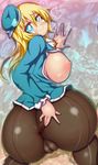  1girl all_fours anus areolae ass atago_(kantai_collection) beret blonde_hair blue_eyes breasts breasts_outside female hat highres huge_ass huge_breasts kantai_collection long_hair looking_back military military_uniform nipples no_bra no_panties no_pants no_underwear pantyhose pussy smile solo uncensored uniform xiaoking 