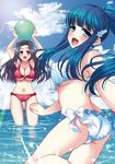  :d arms_up ass ass_visible_through_thighs ball beachball bikini black_hair blue_eyes breasts cameltoe cleavage cloud covered_nipples day highres large_breasts long_hair mahouka_koukou_no_rettousei multiple_girls navel o-ring o-ring_bikini open_mouth outdoors ponytail poyamu red_eyes saegusa_mayumi shiba_miyuki sky smile swimsuit underboob wading water 