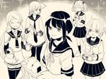  5girls :&gt; ^_^ animal_slippers bowl bunny_slippers chopsticks closed_eyes cup deco_(geigeki_honey) eating elbow_gloves folded_ponytail food fubuki_(kantai_collection) gloves hair_ornament hair_ribbon headgear holding inazuma_(kantai_collection) kantai_collection long_hair looking_at_viewer monochrome multiple_girls murakumo_(kantai_collection) onigiri open_mouth plate pleated_skirt ponytail ribbon samidare_(kantai_collection) sazanami_(kantai_collection) school_uniform serafuku skirt smile sweat thighhighs yunomi zettai_ryouiki 