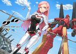  blue_sky bodysuit breasts cleavage cleavage_cutout cloud day dso fence gloves hand_on_hip highres long_hair medium_breasts original pilot_suit pink_eyes pink_hair robot skin_tight sky smile solo standing 